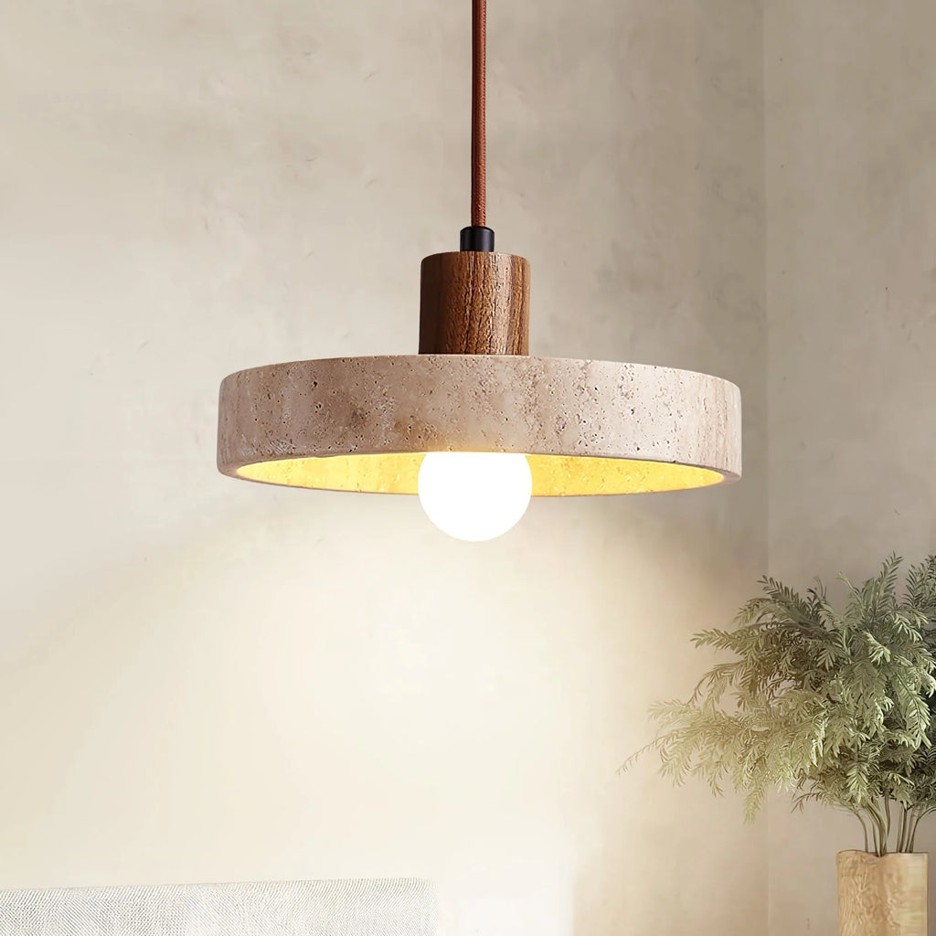 Pendant Light | Yellow Travertine Shade & Walnut Wood | 20 cm Diameter