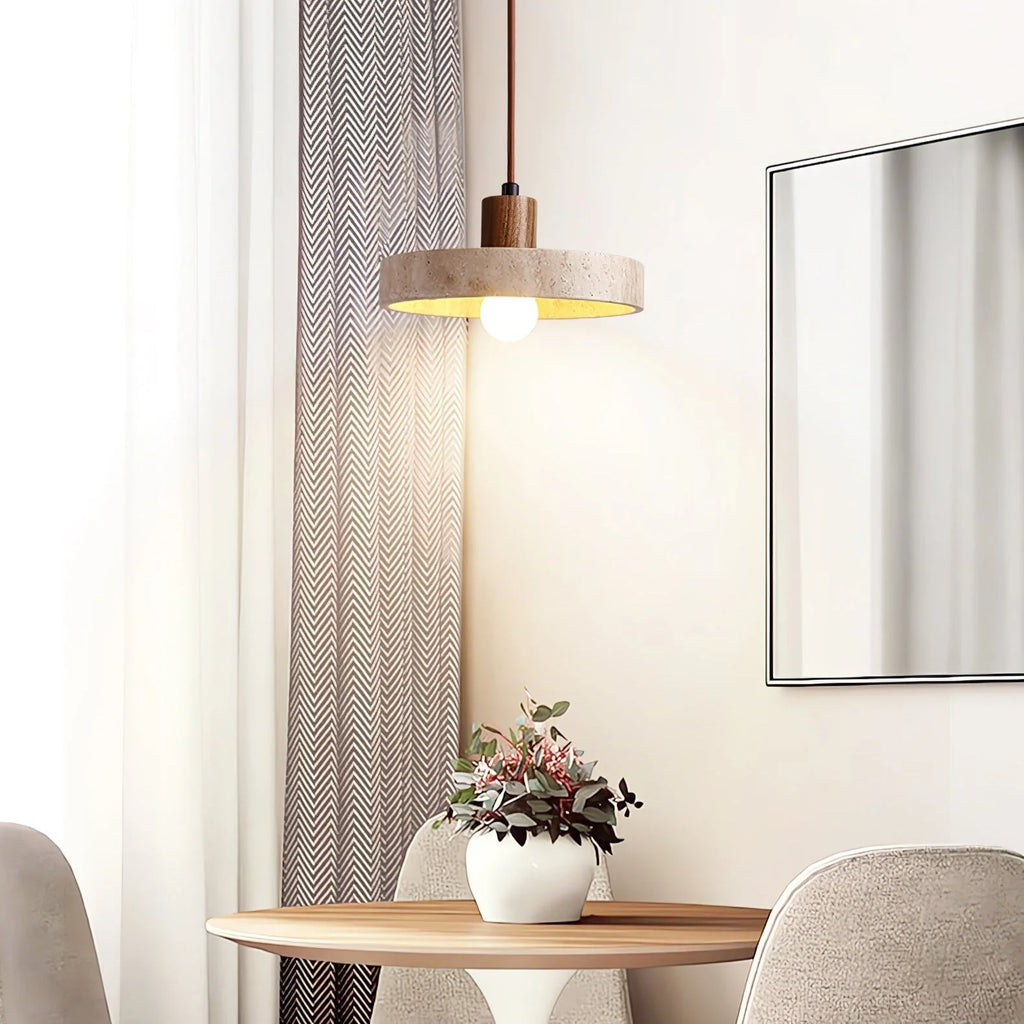 Pendant Light | Yellow Travertine Shade & Walnut Wood | 20 cm Diameter