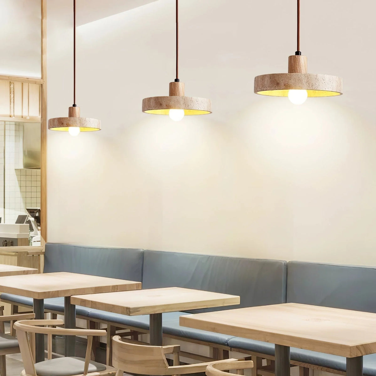 Pendant Light | Yellow Travertine Shade & Walnut Wood | 20 cm Diameter