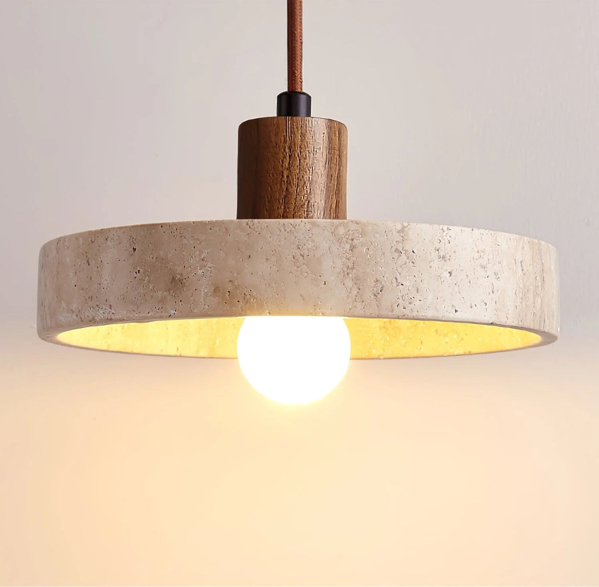 Pendant Light | Yellow Travertine Shade & Walnut Wood | 20 cm Diameter