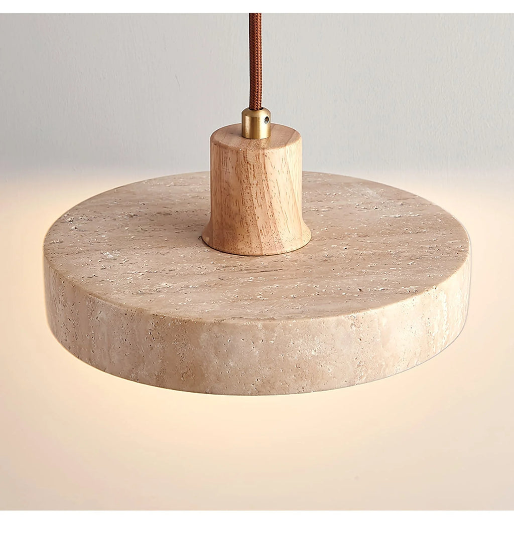 Pendant Light | Yellow Travertine Shade & Walnut Wood | 20 cm Diameter