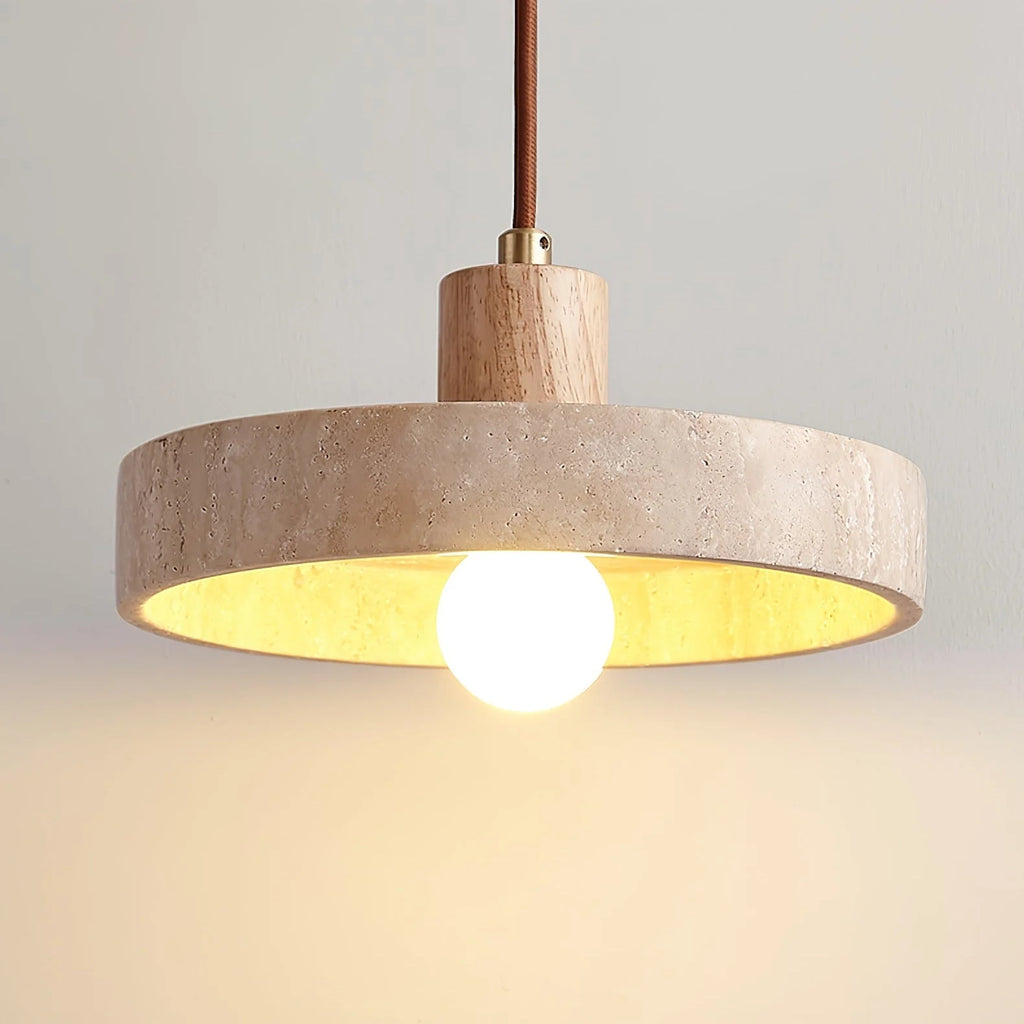 Pendant Light | Yellow Travertine Shade & Walnut Wood | 20 cm Diameter