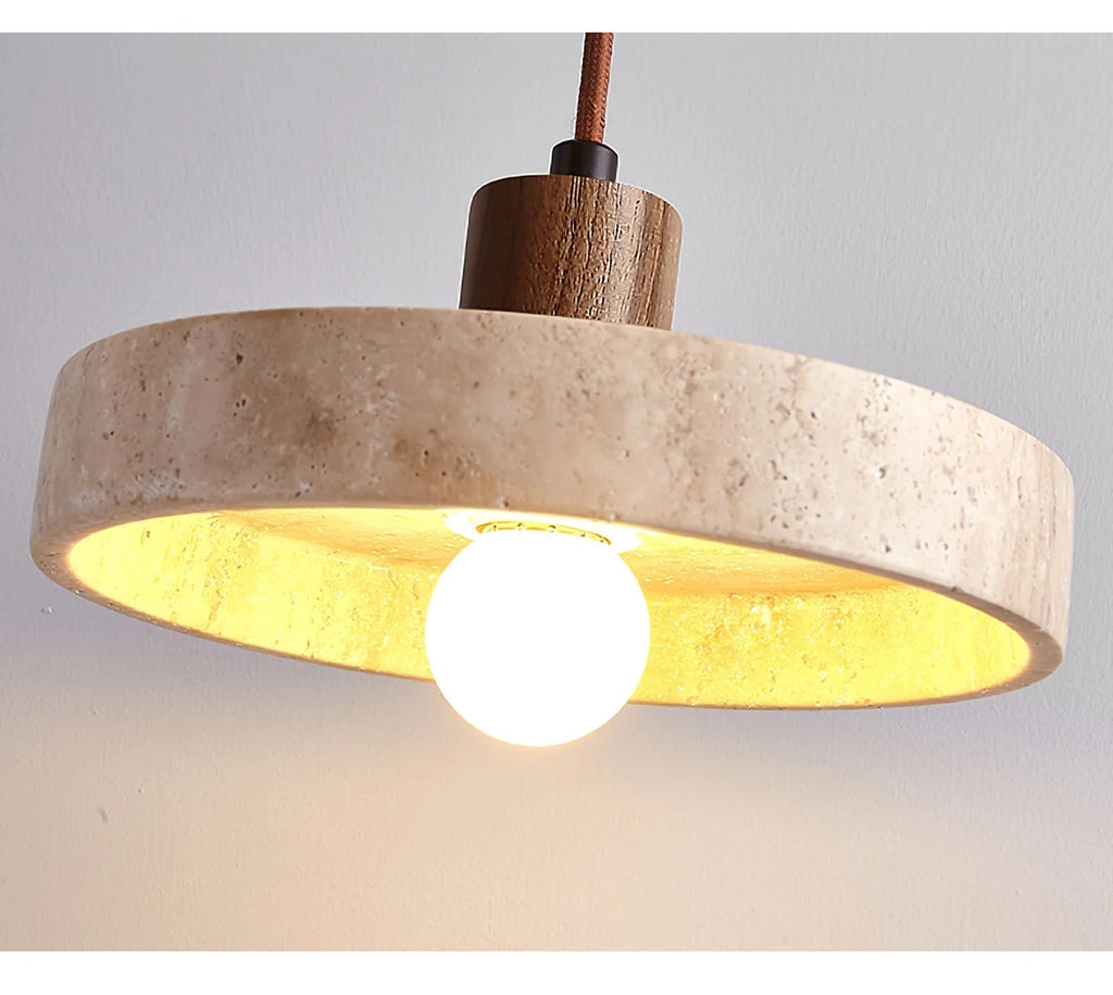 Pendant Light | Yellow Travertine Shade & Walnut Wood | 20 cm Diameter
