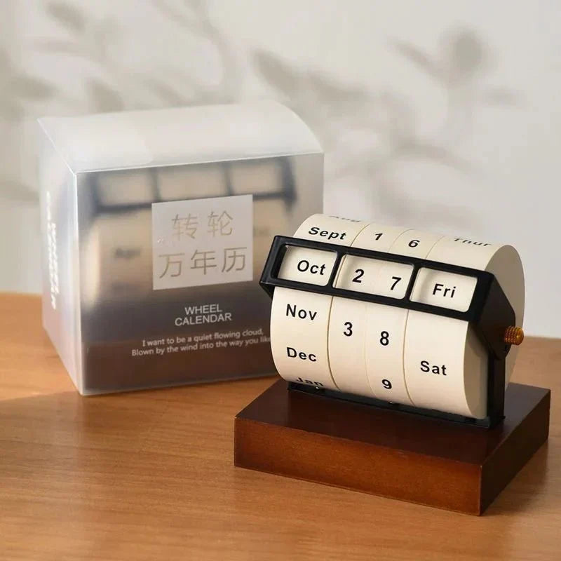 Perpetual Desk Calendar | Roll Wheel Design & Wood-Metal Base