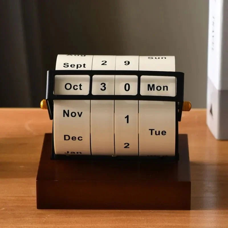 Perpetual Desk Calendar | Roll Wheel Design & Wood-Metal Base