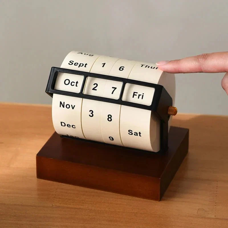 Perpetual Desk Calendar | Roll Wheel Design & Wood-Metal Base