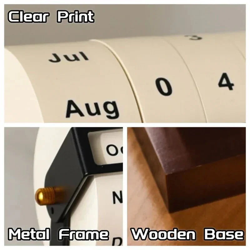 Perpetual Desk Calendar | Roll Wheel Design & Wood-Metal Base