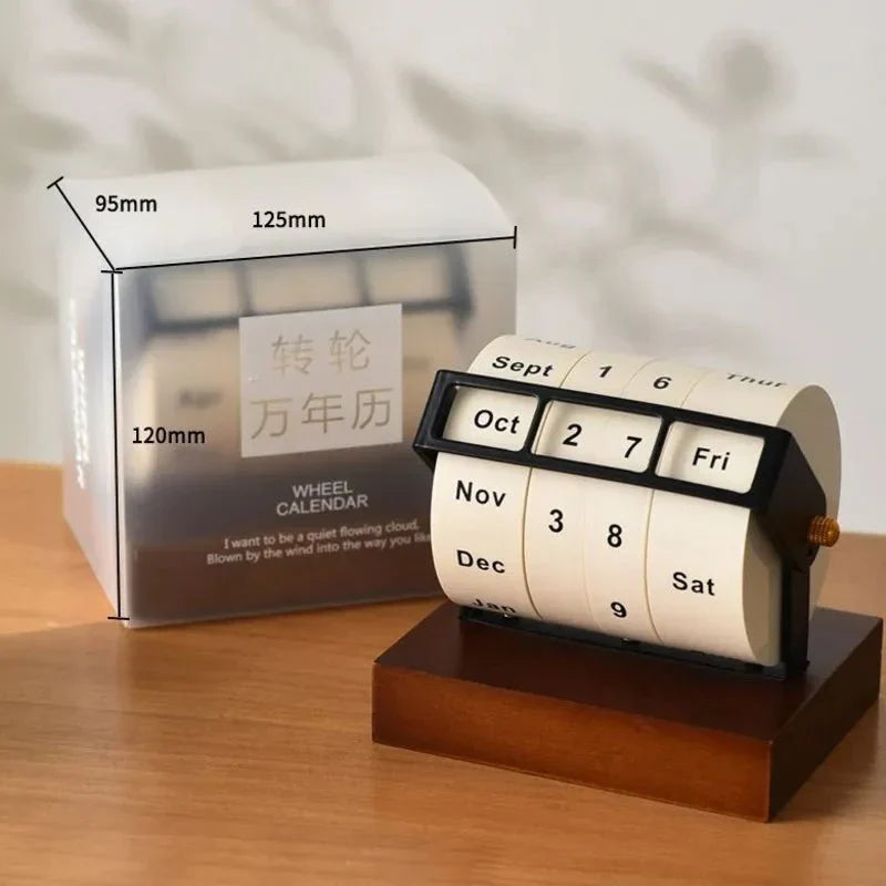 Perpetual Desk Calendar | Roll Wheel Design & Wood-Metal Base