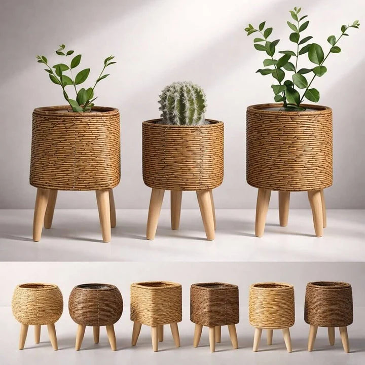 Plant Pot | Woven Look & Wooden Feet