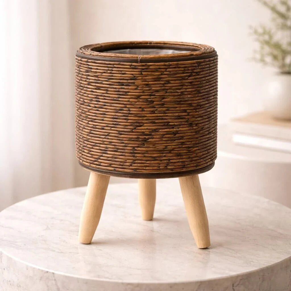 Plant Pot | Woven Look & Wooden Feet