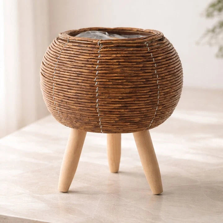 Plant Pot | Woven Look & Wooden Feet