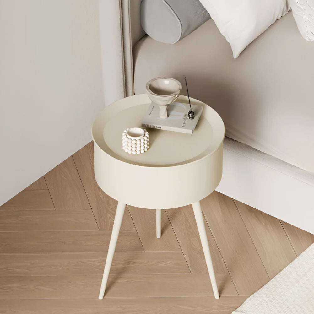Round Side Table | Metal Frame & Hidden Storage Basket
