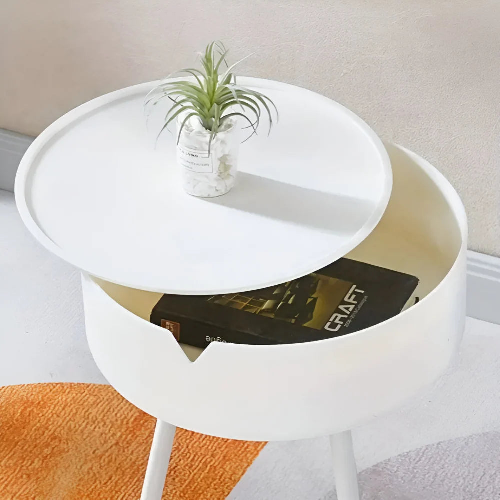 Round Side Table | Metal Frame & Hidden Storage Basket