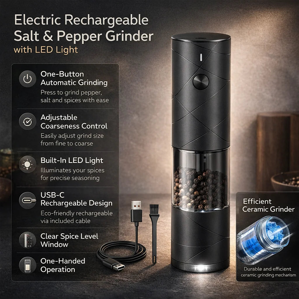 Salt & Pepper Grinder Set | One-Button Rechargeable & LED | Set of 2