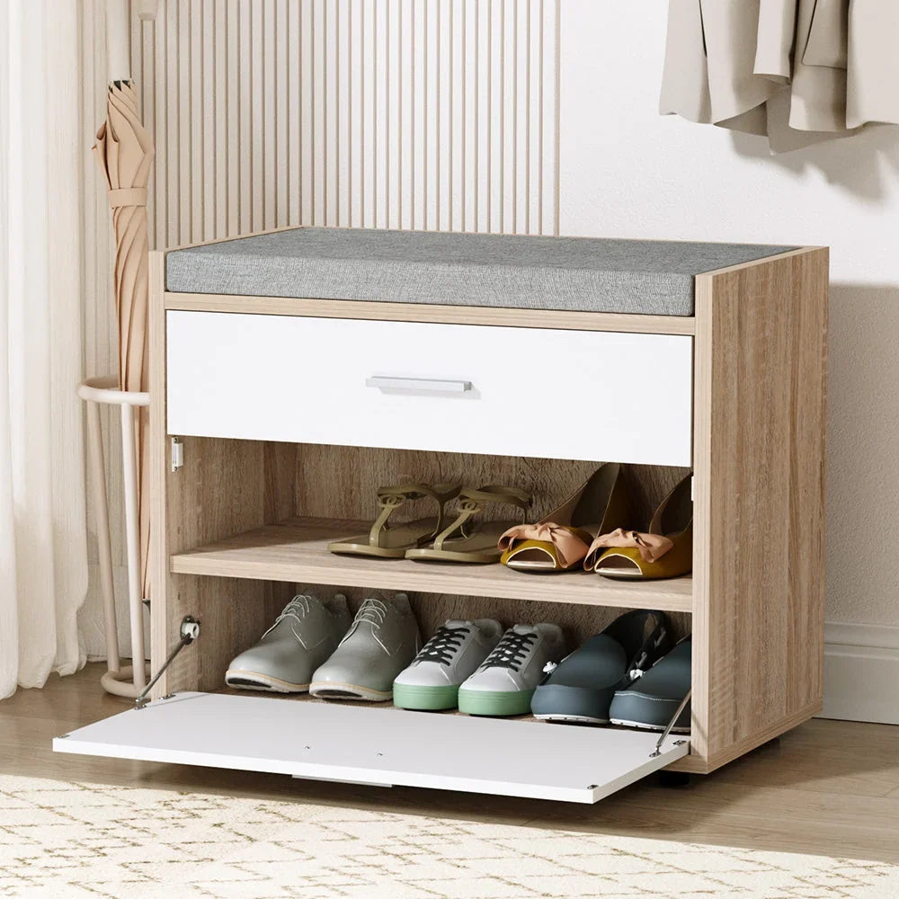 Shoe Bench | Hidden Storage & Padded Fabric Seat | Holds 6–8 Pairs