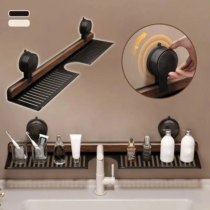 Sink Shelf Organizer | Walnut & Aluminum Suction Mount | 40 × 12 × 4 cm