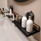 Sink Shelf Organizer | Walnut & Aluminum Suction Mount | 40 × 12 × 4 cm