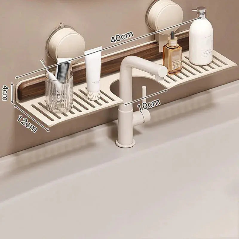 Sink Shelf Organizer | Walnut & Aluminum Suction Mount | 40 × 12 × 4 cm