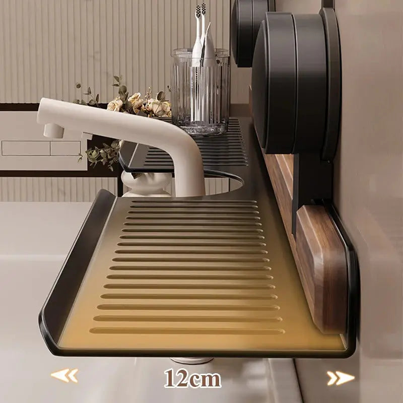 Sink Shelf Organizer | Walnut & Aluminum Suction Mount | 40 × 12 × 4 cm