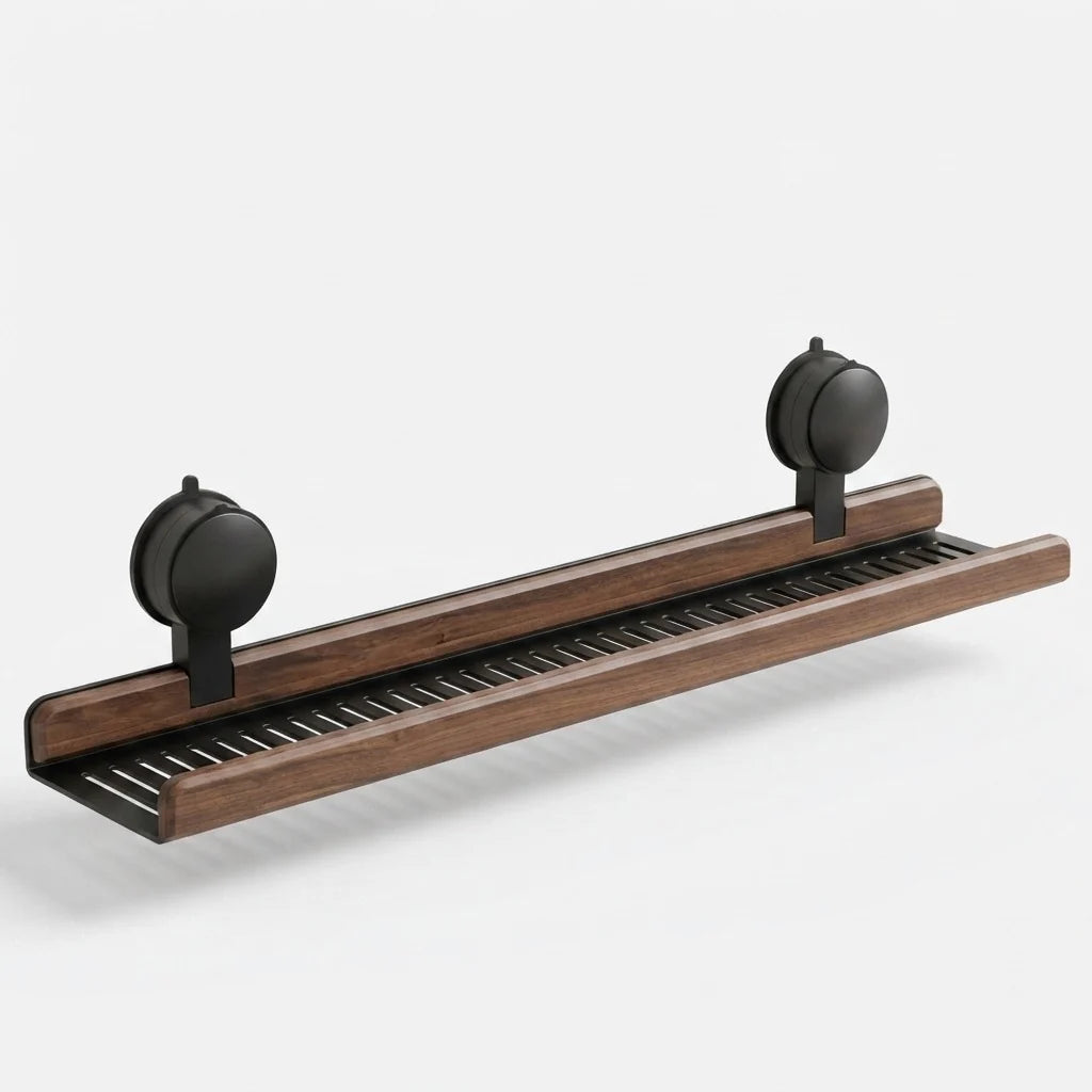 Sink Shelf Organizer | Walnut & Aluminum Suction Mount | 40 × 12 × 4 cm