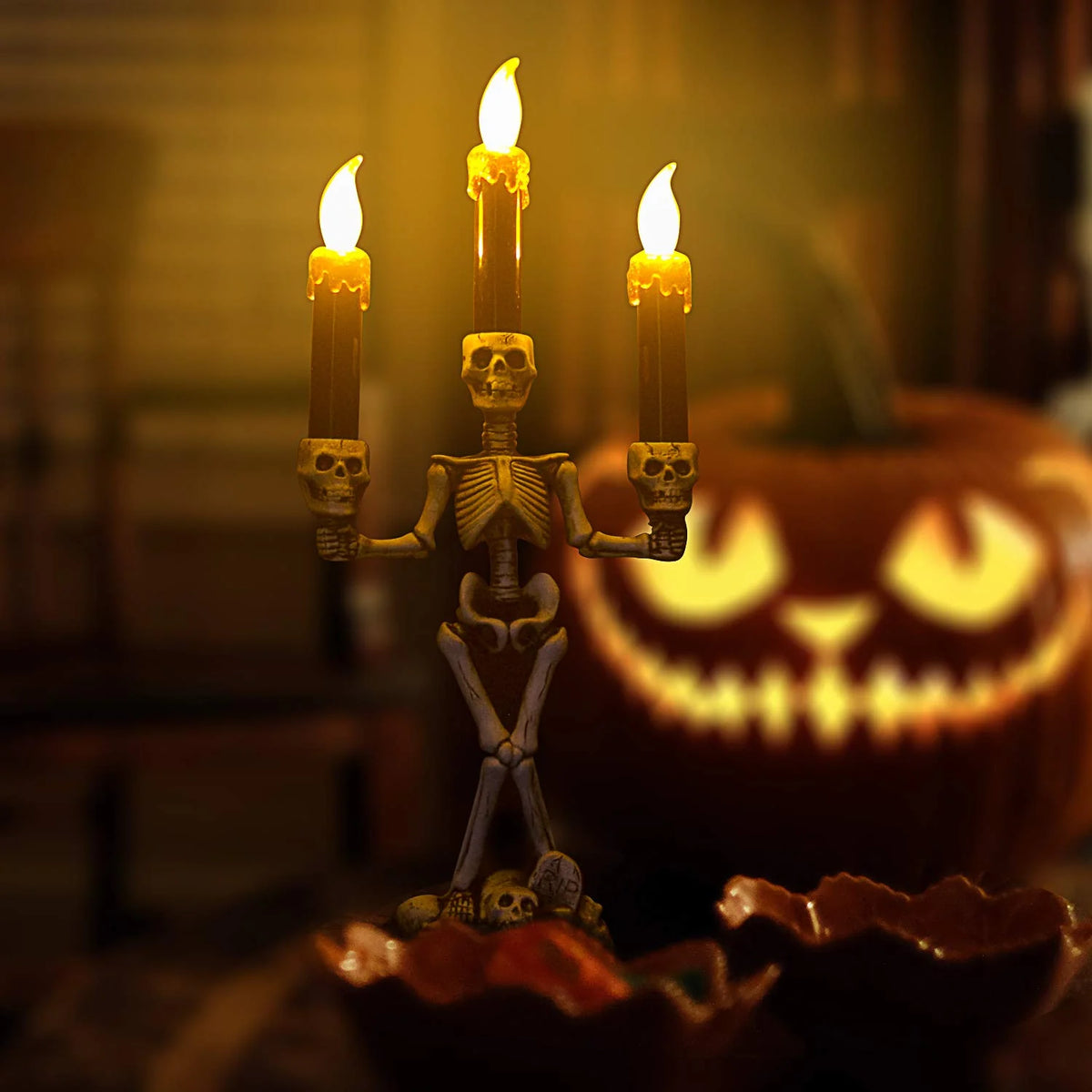 Skeleton Candle Holder | Warm LED Glow & Battery-Operated | 3 Candles