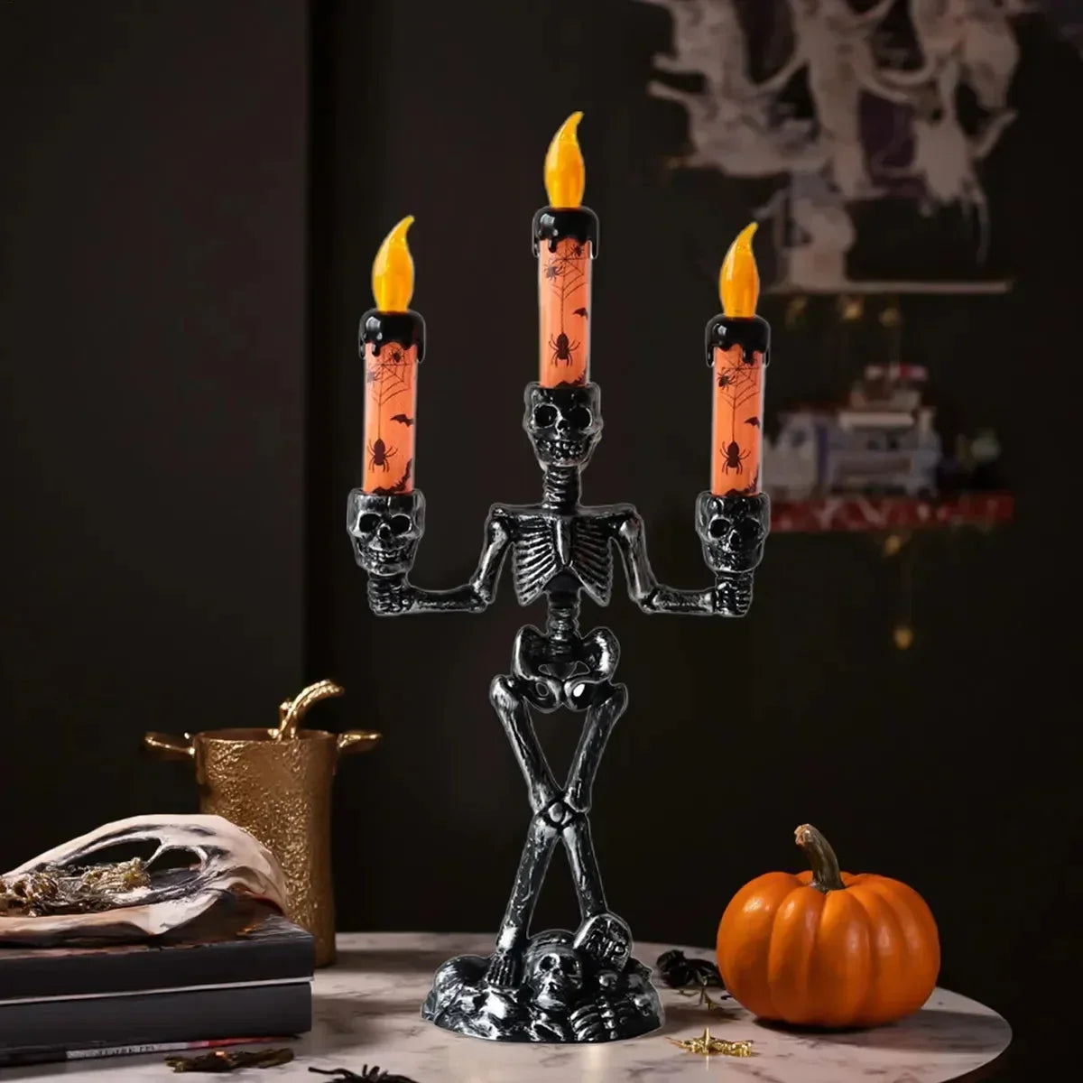 Skeleton Candle Holder | Warm LED Glow & Battery-Operated | 3 Candles