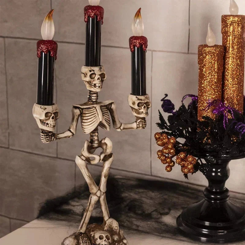 Skeleton Candle Holder | Warm LED Glow & Battery-Operated | 3 Candles