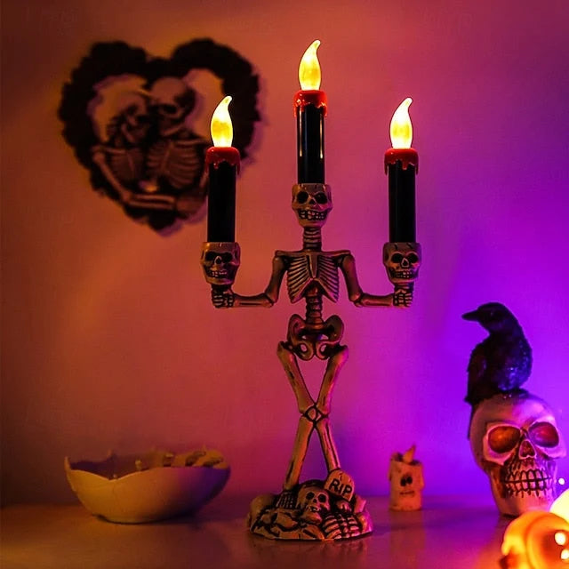 Skeleton Candle Holder | Warm LED Glow & Battery-Operated | 3 Candles