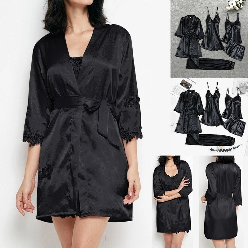 Sleepwear Set | Silk Satin & Lace-Trim | Kimono, Cami, Shorts & Pants
