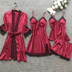 Sleepwear Set | Silk Satin & Lace-Trim | Kimono, Cami, Shorts & Pants