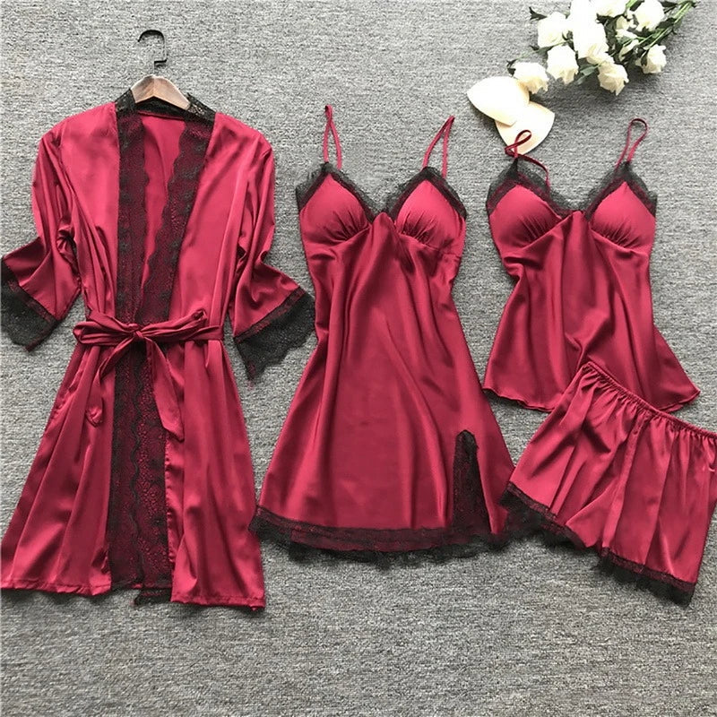 Sleepwear Set | Silk Satin & Lace-Trim | Kimono, Cami, Shorts & Pants