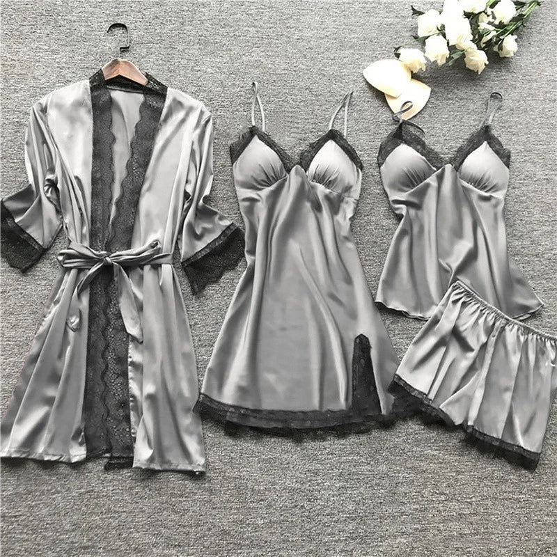Sleepwear Set | Silk Satin & Lace-Trim | Kimono, Cami, Shorts & Pants