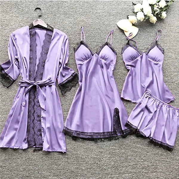 Sleepwear Set | Silk Satin & Lace-Trim | Kimono, Cami, Shorts & Pants