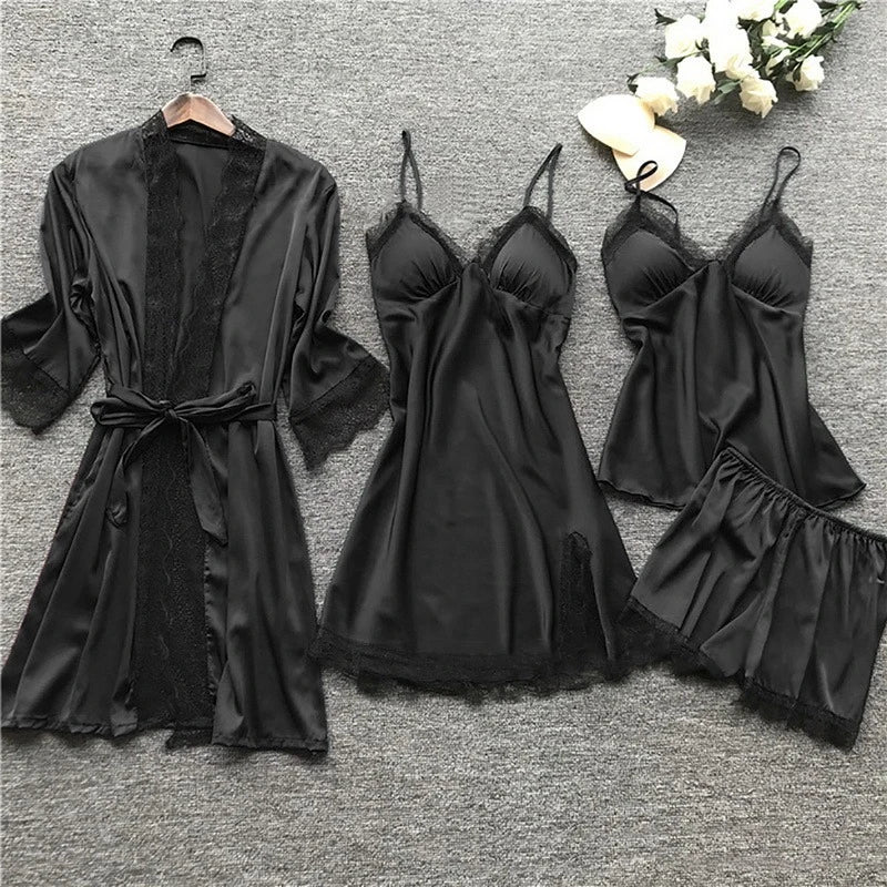 Sleepwear Set | Silk Satin & Lace-Trim | Kimono, Cami, Shorts & Pants