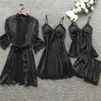 Sleepwear Set | Silk Satin & Lace-Trim | Kimono, Cami, Shorts & Pants