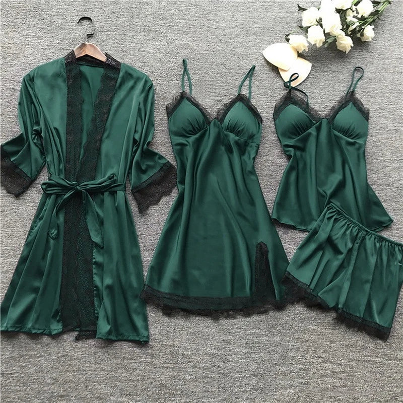 Sleepwear Set | Silk Satin & Lace-Trim | Kimono, Cami, Shorts & Pants