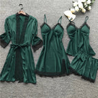 Sleepwear Set | Silk Satin & Lace-Trim | Kimono, Cami, Shorts & Pants