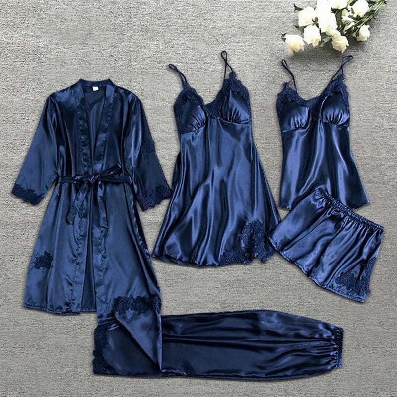 Sleepwear Set | Silk Satin & Lace-Trim | Kimono, Cami, Shorts & Pants