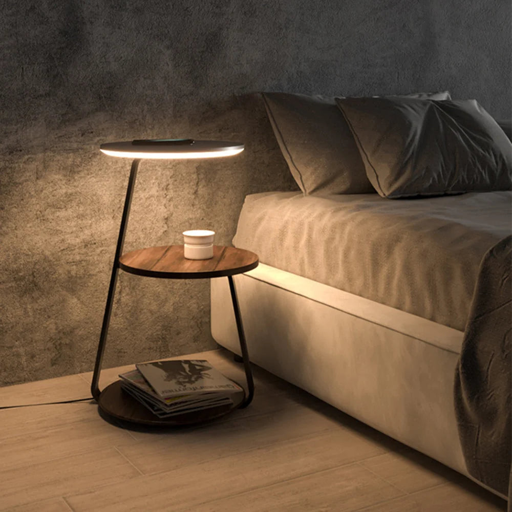 Stehlampe | Natürlicher Holz-Tischregal | 3-Farben LED