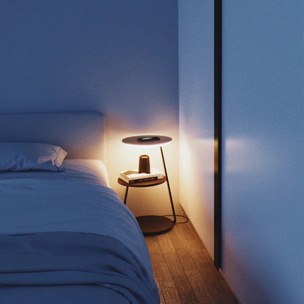 Stehlampe | Natürlicher Holz-Tischregal | 3-Farben LED