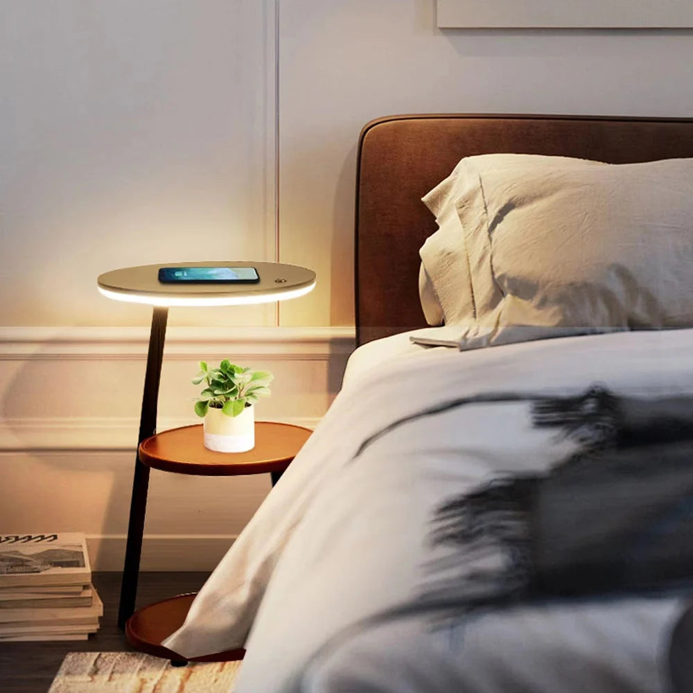 Stehlampe | Natürlicher Holz-Tischregal | 3-Farben LED