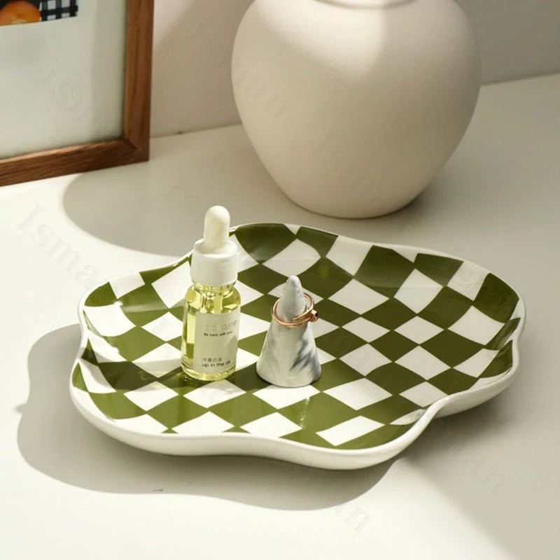 Storage Tray | Ceramic Checkered Pattern & Glossy Finish | Compact