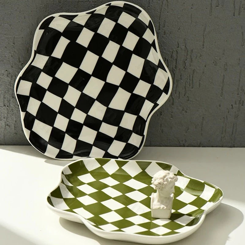 Storage Tray | Ceramic Checkered Pattern & Glossy Finish | Compact