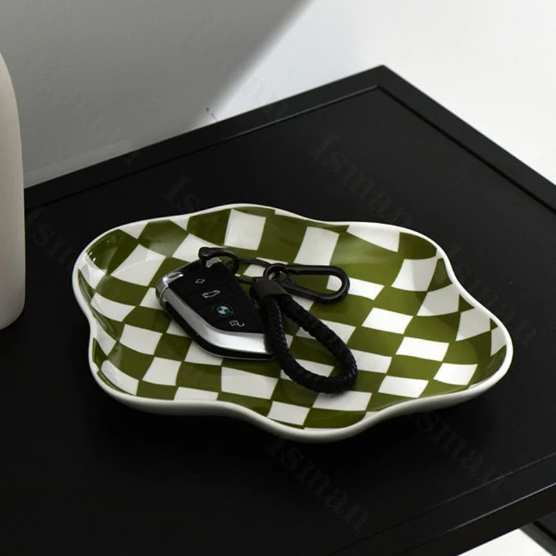 Storage Tray | Ceramic Checkered Pattern & Glossy Finish | Compact
