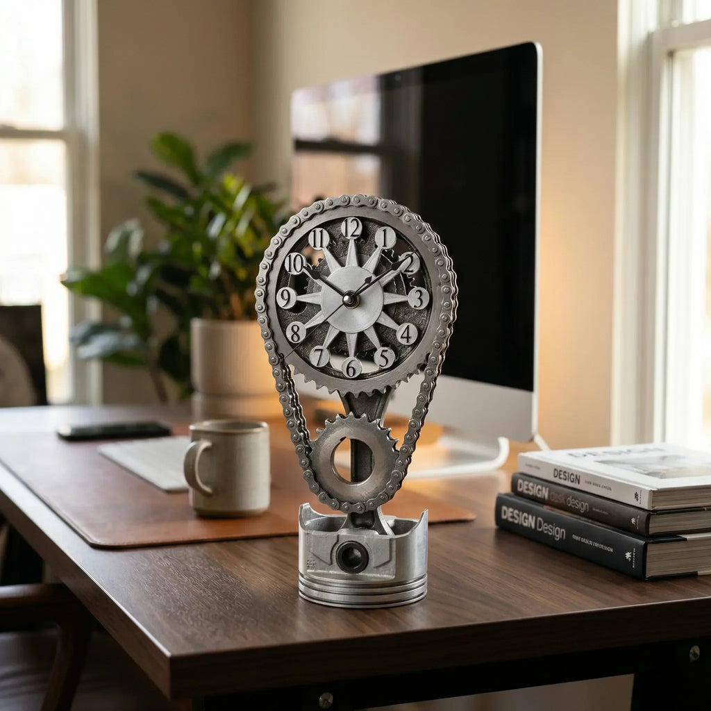 Table Clock | Industrial Gear & Chain Silent Movement | 15 x 28 cm