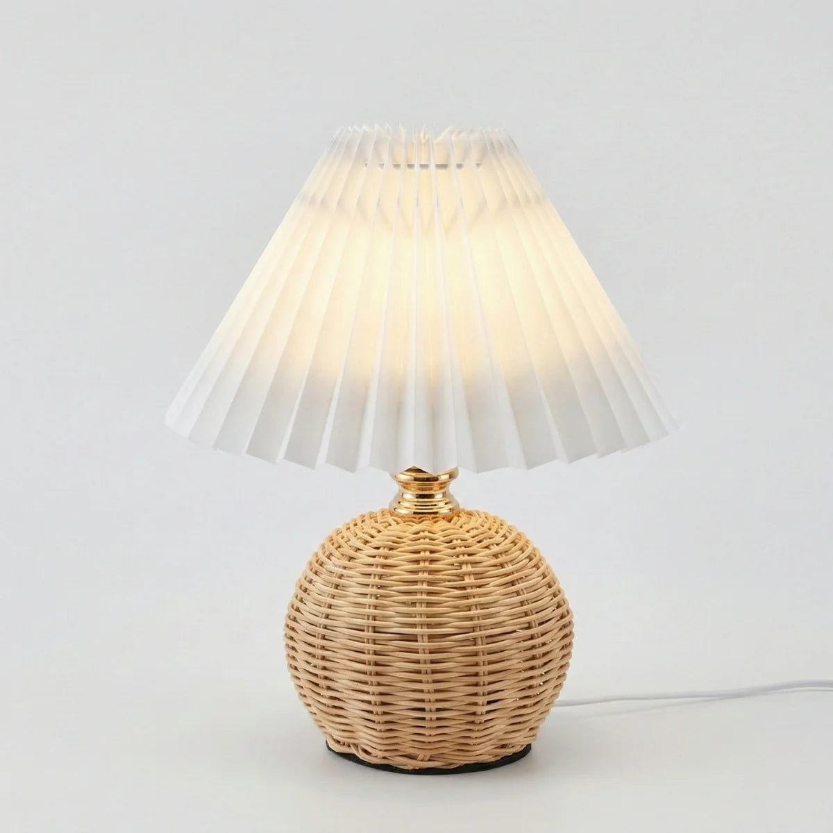 Table Lamp | Boho Pleated Shade & Handwoven Rattan Base