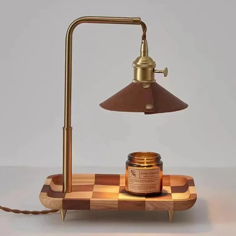 Table Lamp & Candle Warmer | Wood & Brass Ambient Glow | 20 x 32 cm