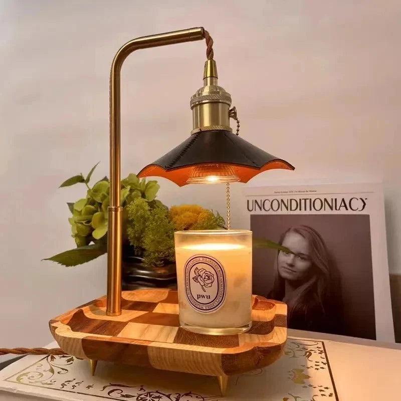 Table Lamp & Candle Warmer | Wood & Brass Ambient Glow | 20 x 32 cm