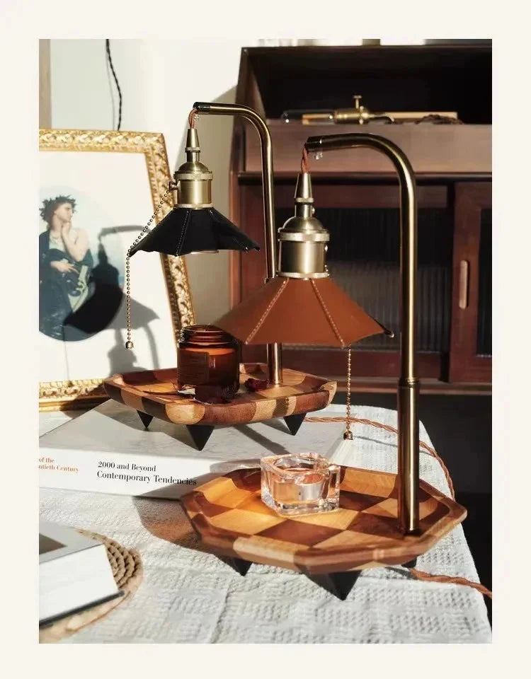 Table Lamp & Candle Warmer | Wood & Brass Ambient Glow | 20 x 32 cm