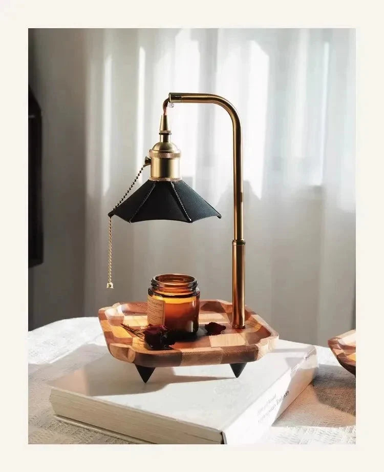 Table Lamp & Candle Warmer | Wood & Brass Ambient Glow | 20 x 32 cm